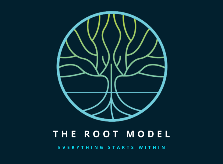 Logotipo circular con árbol estilizado y texto THE ROOT MODEL sobre fondo azul oscuro.